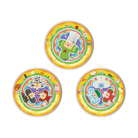Image of three round designs featuring rainbow colors and 1-3 cousins from Katamari Damacy, depending on the design.