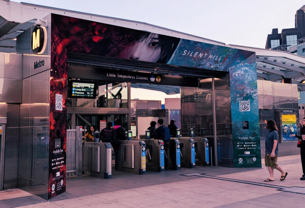Photo of Silent Hill f decals covering Little Tokyo Metro station
